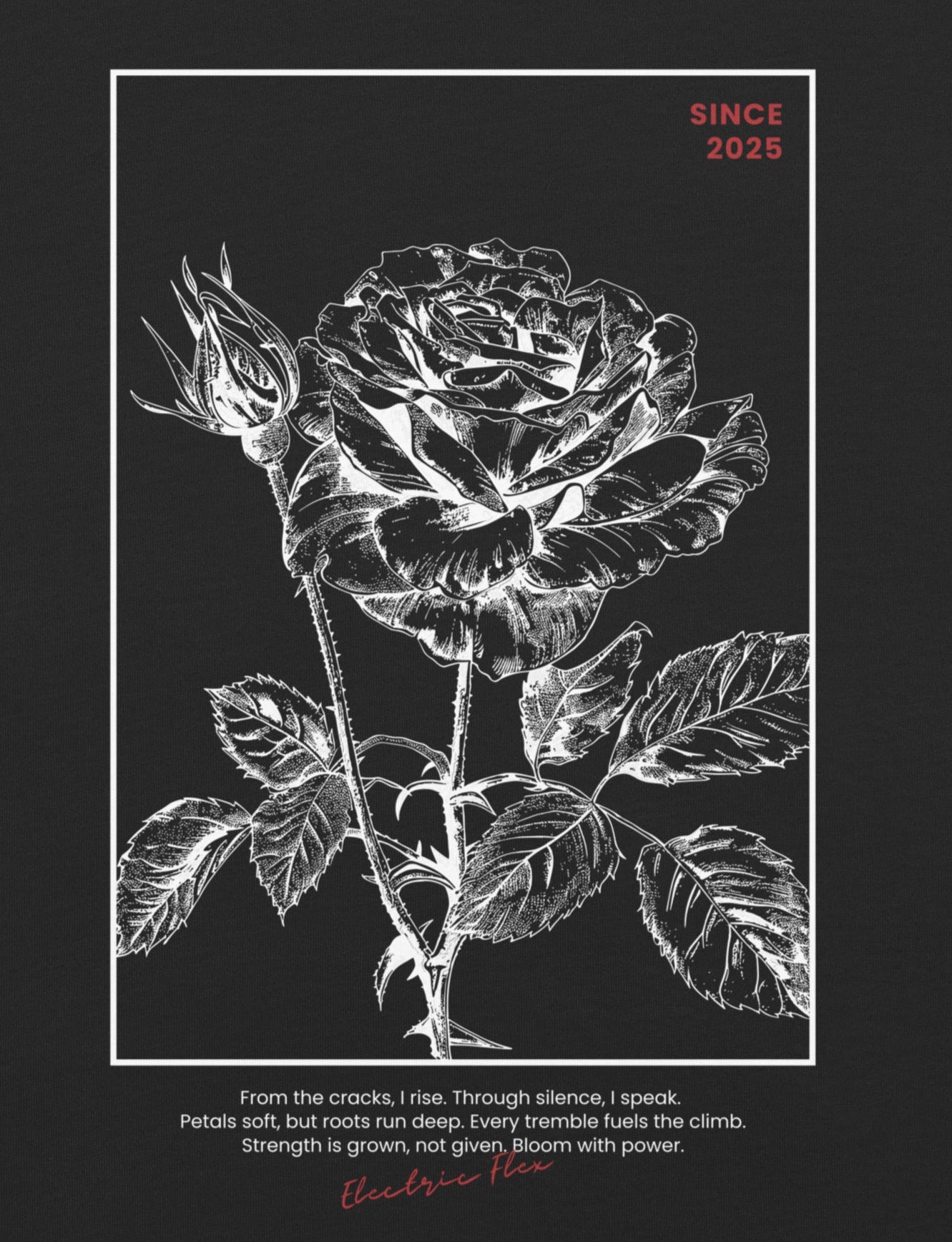 Black and white illustration of a rose with text on a black background
