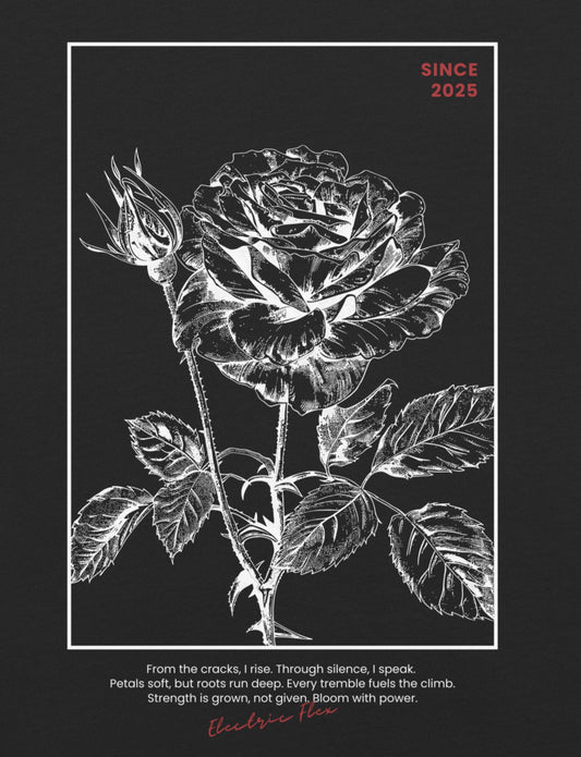 Black and white illustration of a rose with text on a black background